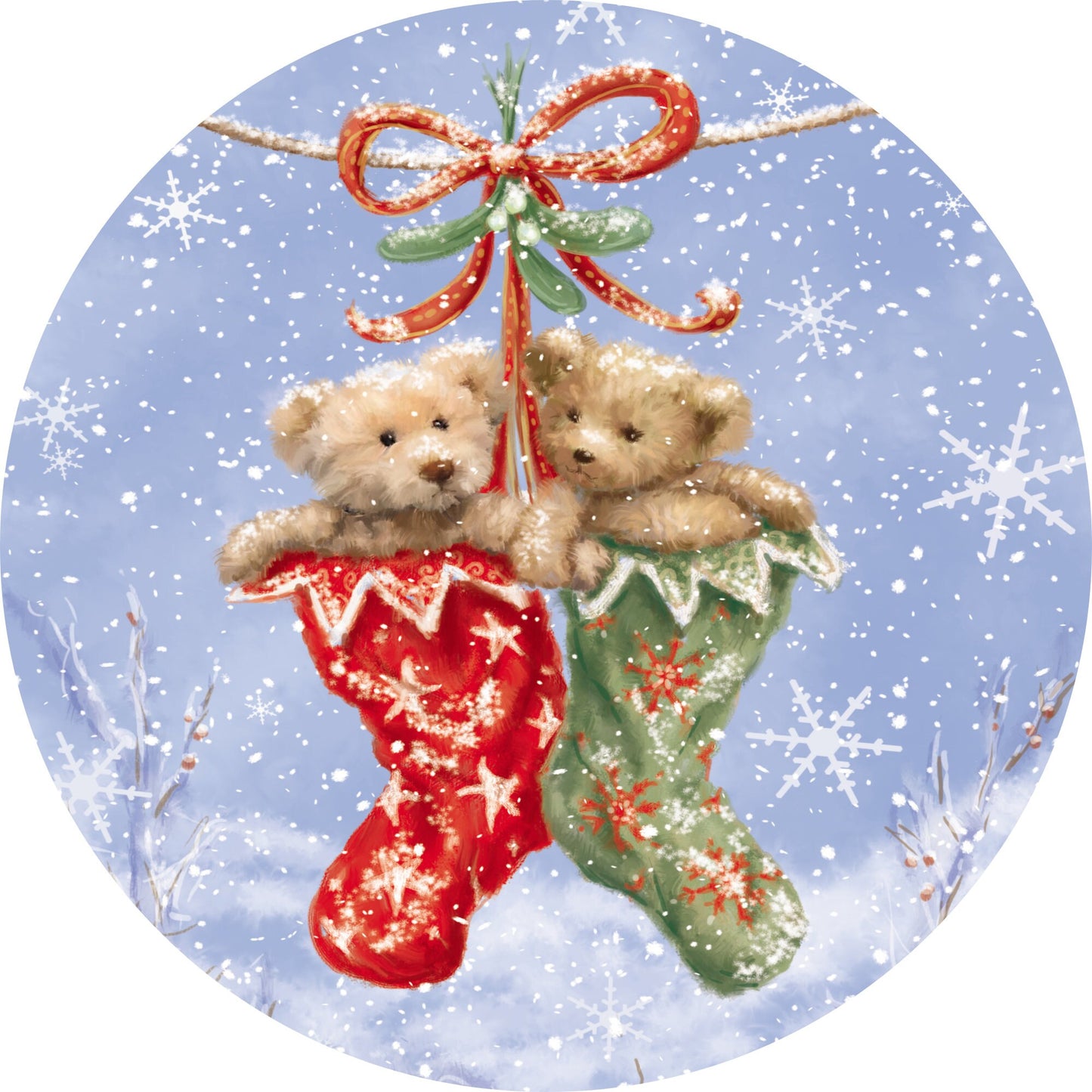 Toy Christmas Bears in Stocking in Snow Wreath Sign-Sublimation-Round-Chistmas-Winter-Decor