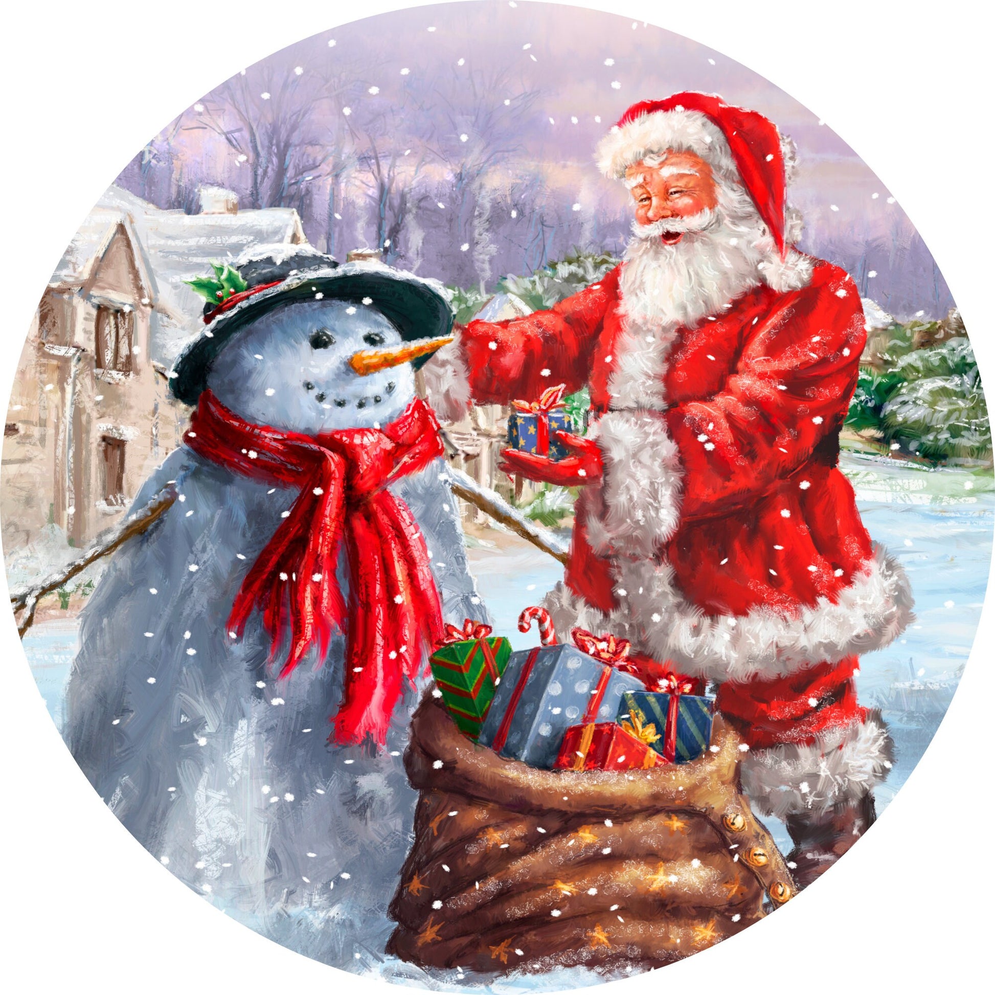 Santa Claus Giving Frosty Snowman a Present Wreath Sign-Sublimation-Round-Chistmas-Winter-Decor