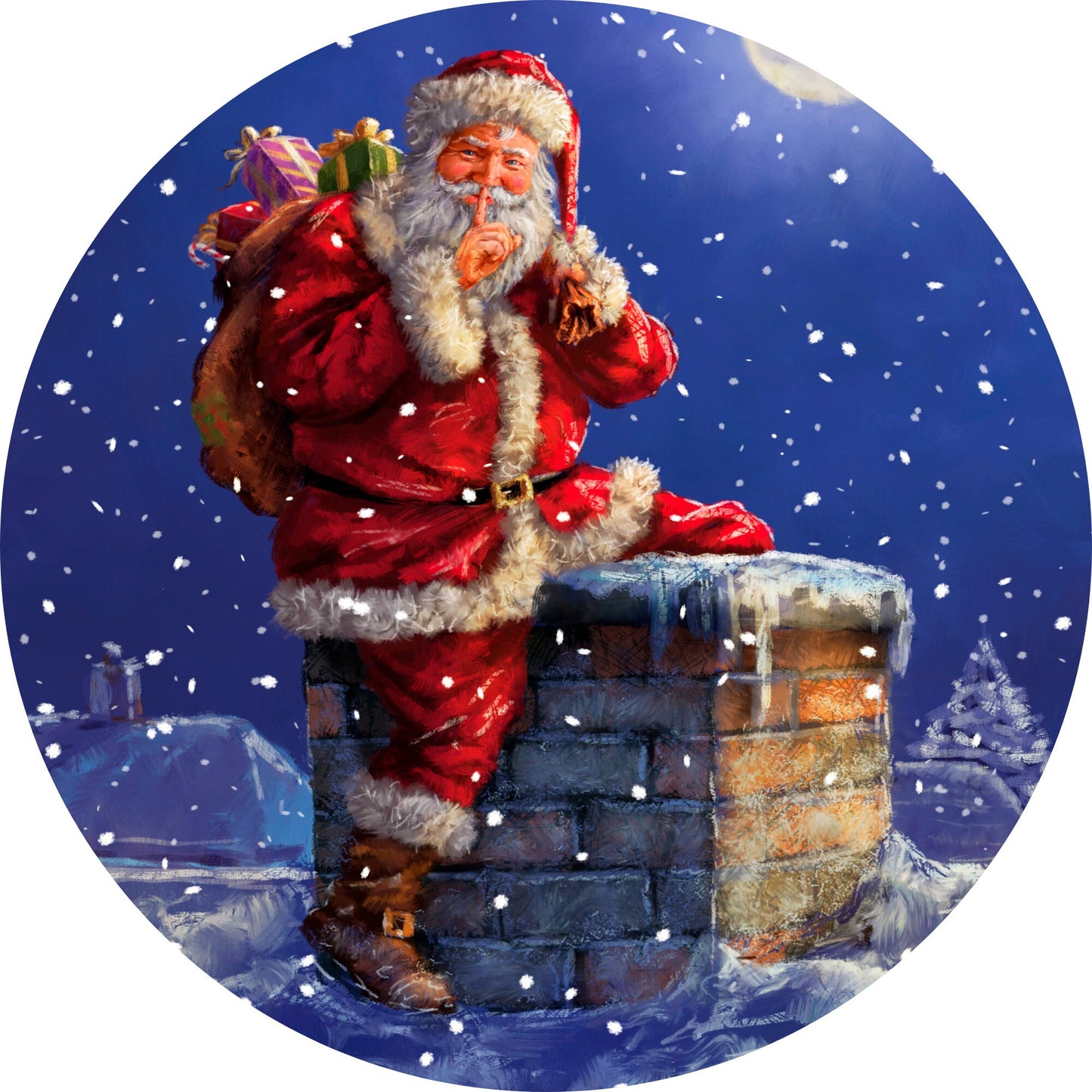 Santa Claus Down the Chimney Under the Moonlight Wreath Sign-Sublimation-Round-Chistmas-Winter-Decor