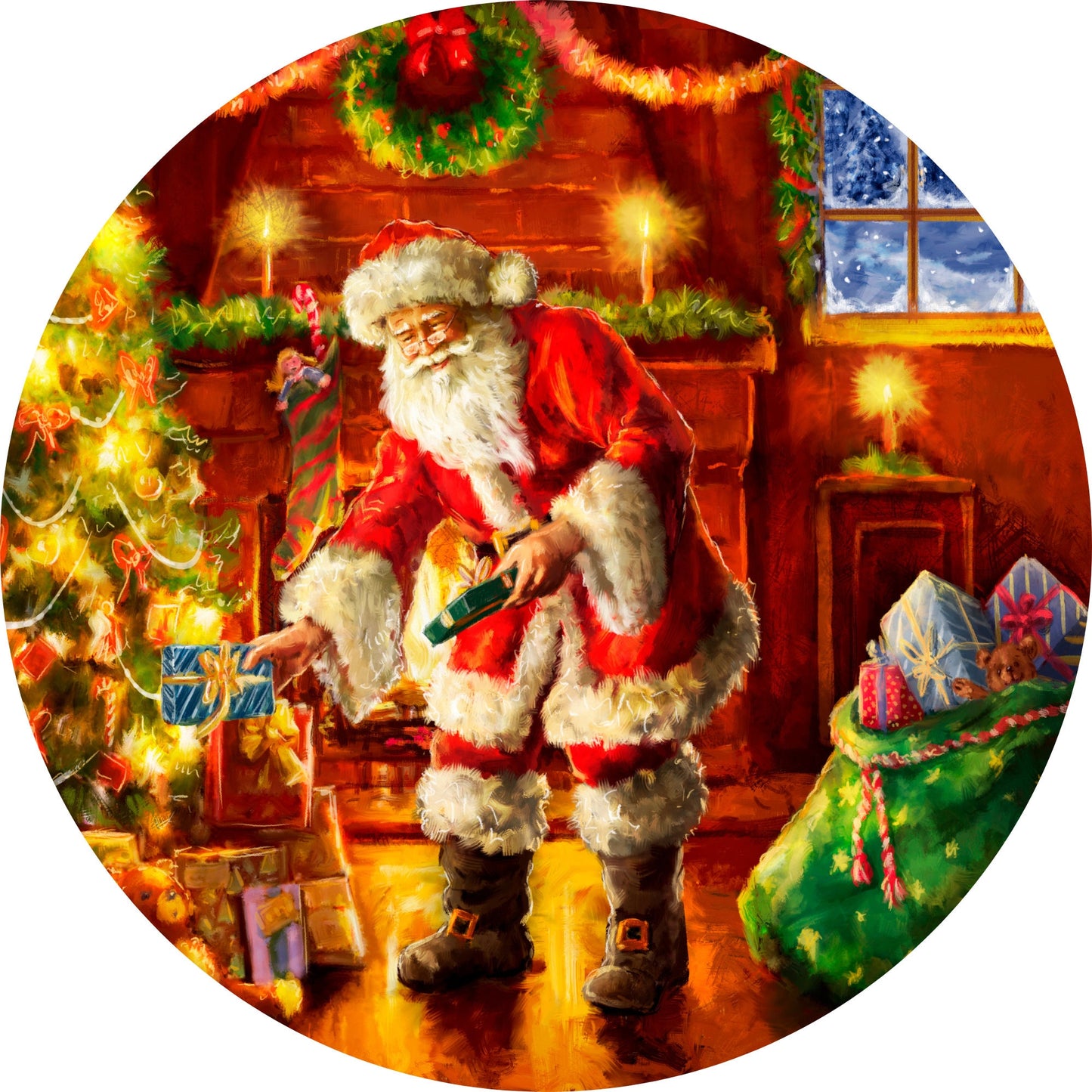 Santa Claus Setting Presents by Fireplace Wreath Sign-Sublimation-Round-Chistmas-Winter-Decor