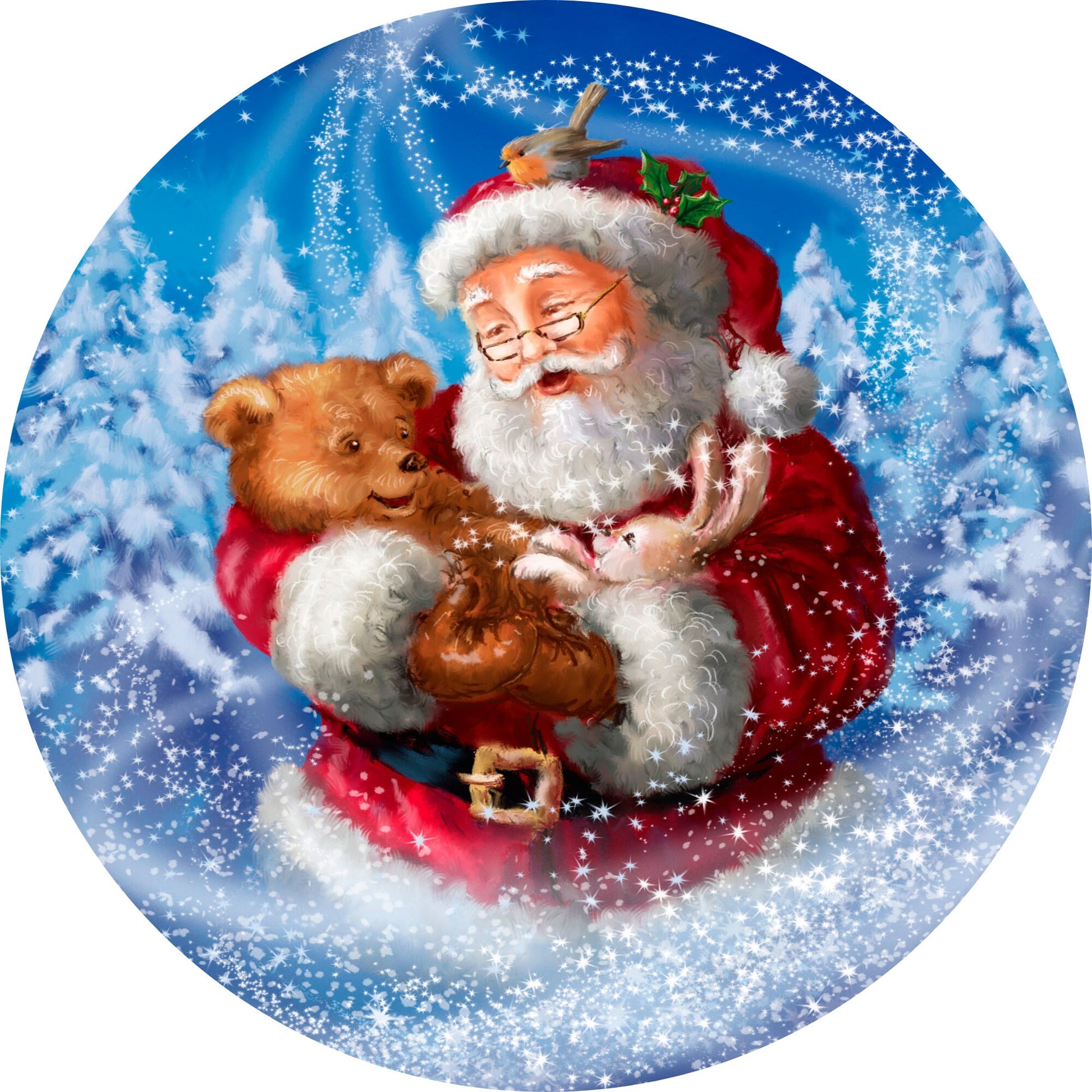 Smiling Santa Claus Holding Bear Rabbit Wreath Sign-Sublimation-Round-Chistmas-Winter-Decor