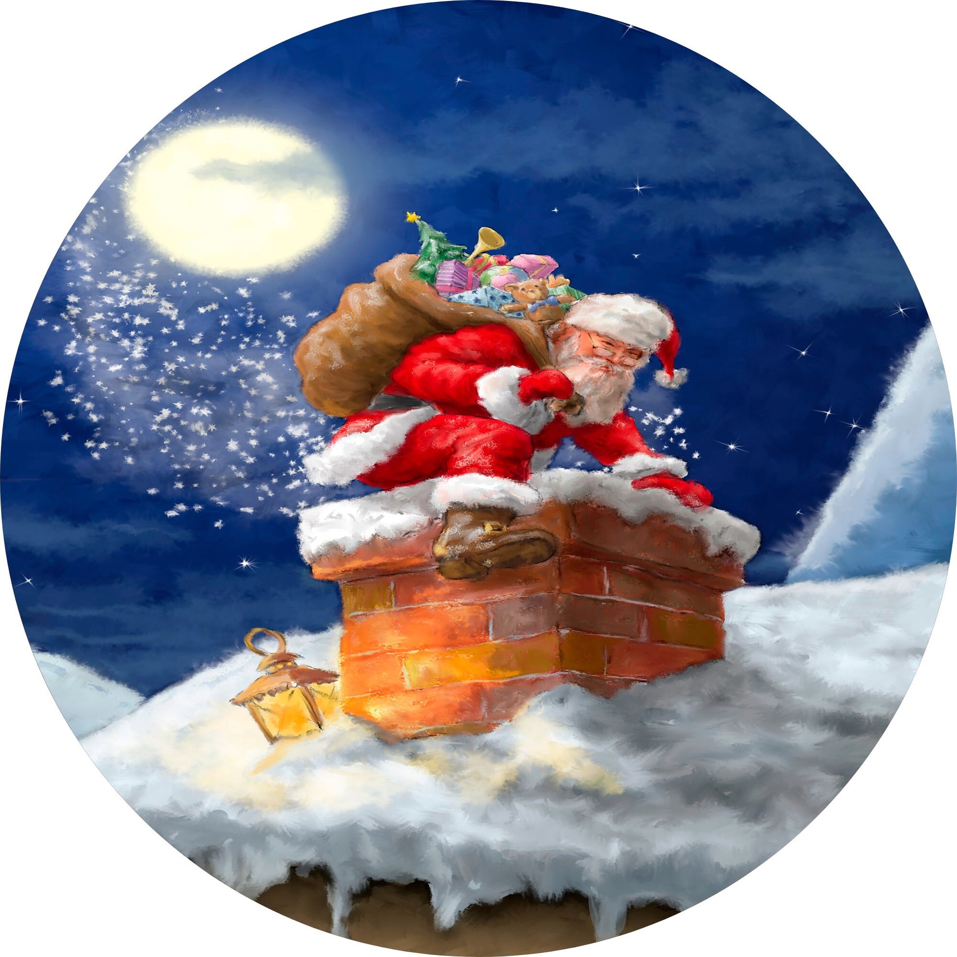 Santa Claus Down the Chimney Under the Moonlight Wreath Sign-Sublimation-Round-Chistmas-Winter-Decor