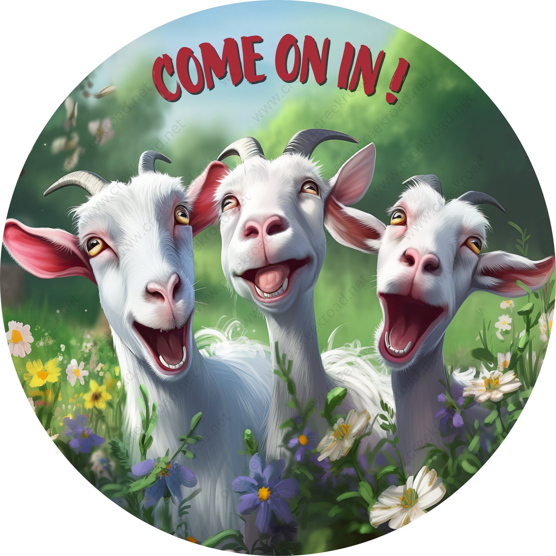 Come On In Laughing Billy Goat Wreath Sign-Sublimation-Round-Farm-Decor