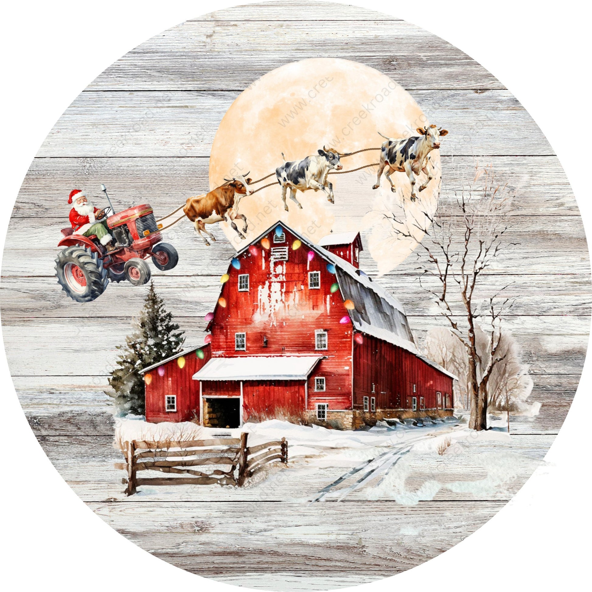 Santa Claus Tractor Sleigh with Cows on Rustic Wood Background Wreath Sign-Sublimation-Round-Chistmas-Winter-Decor