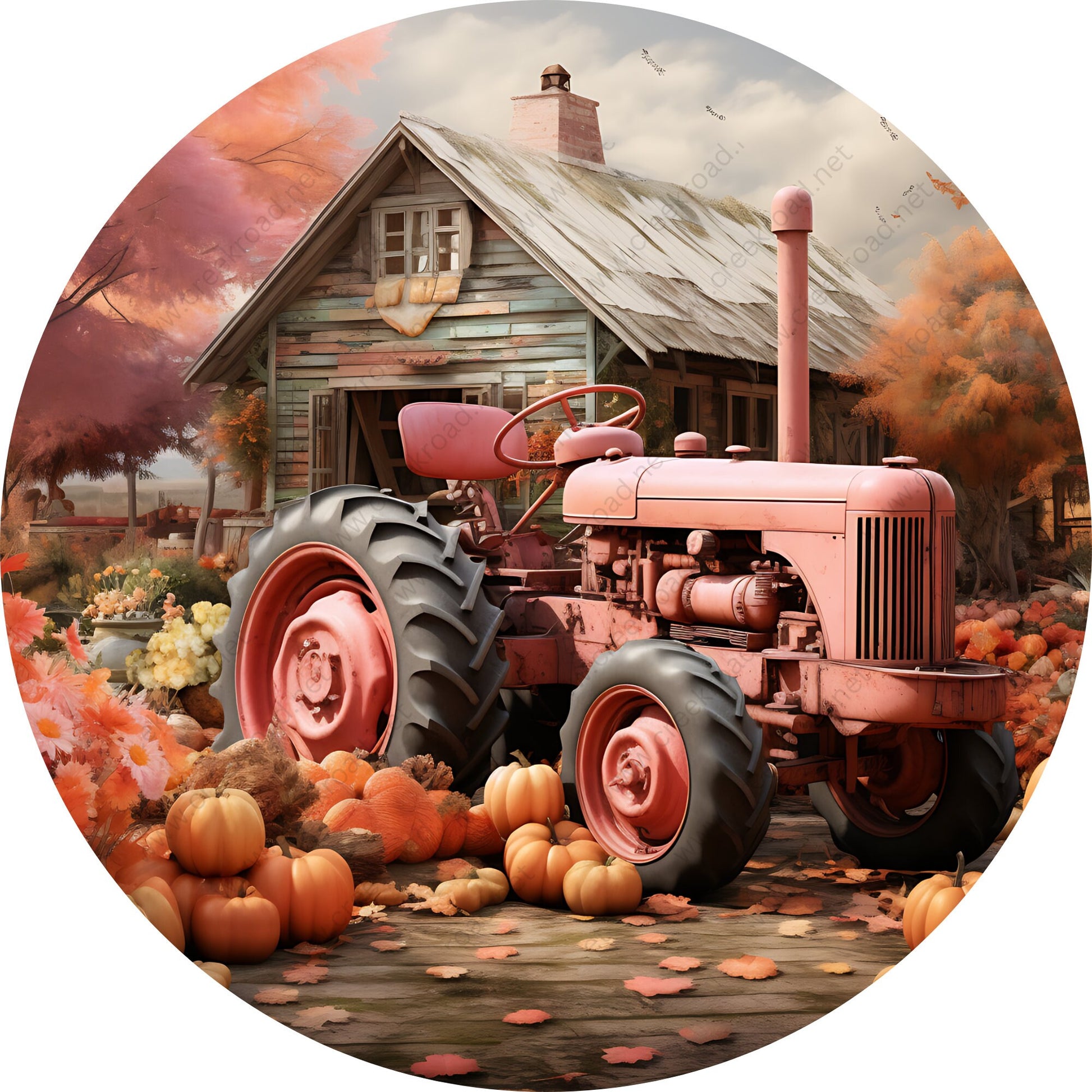 Antique Pink Tractor with Fall Harvest Wreath Sign-Sublimation-Round-Fall-Autumn-Winter-Decor