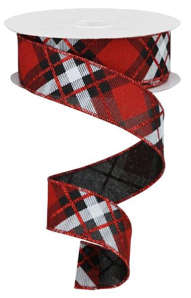 1.5" X 10Yd Wired Ribbon-Glitter Plaid On Royal-RGA1201WJ-Christmas