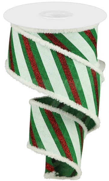 2.5" X 10Yd Wired Ribbon-Green Red Diagonal Gltter Stripe W/Drift -RG890006-Christmas