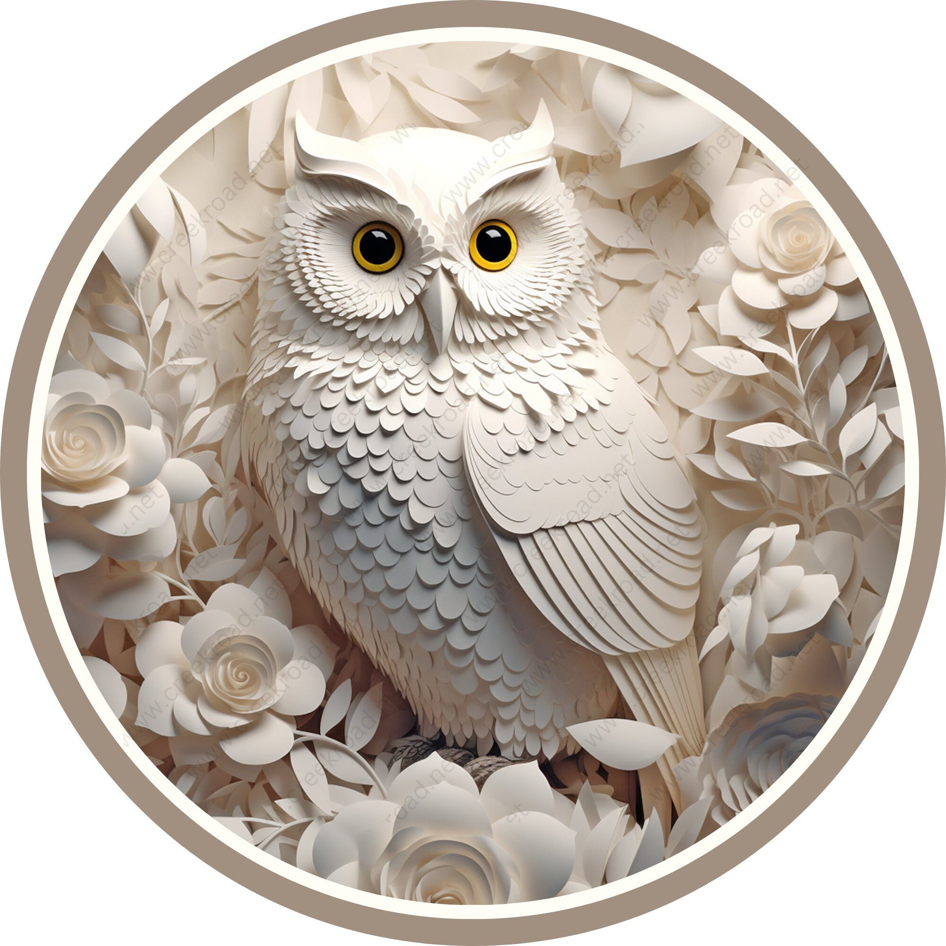 Owl Ivory and White Florals Wreath Sign-Sublimation-Round-Birds-Animals-Decor