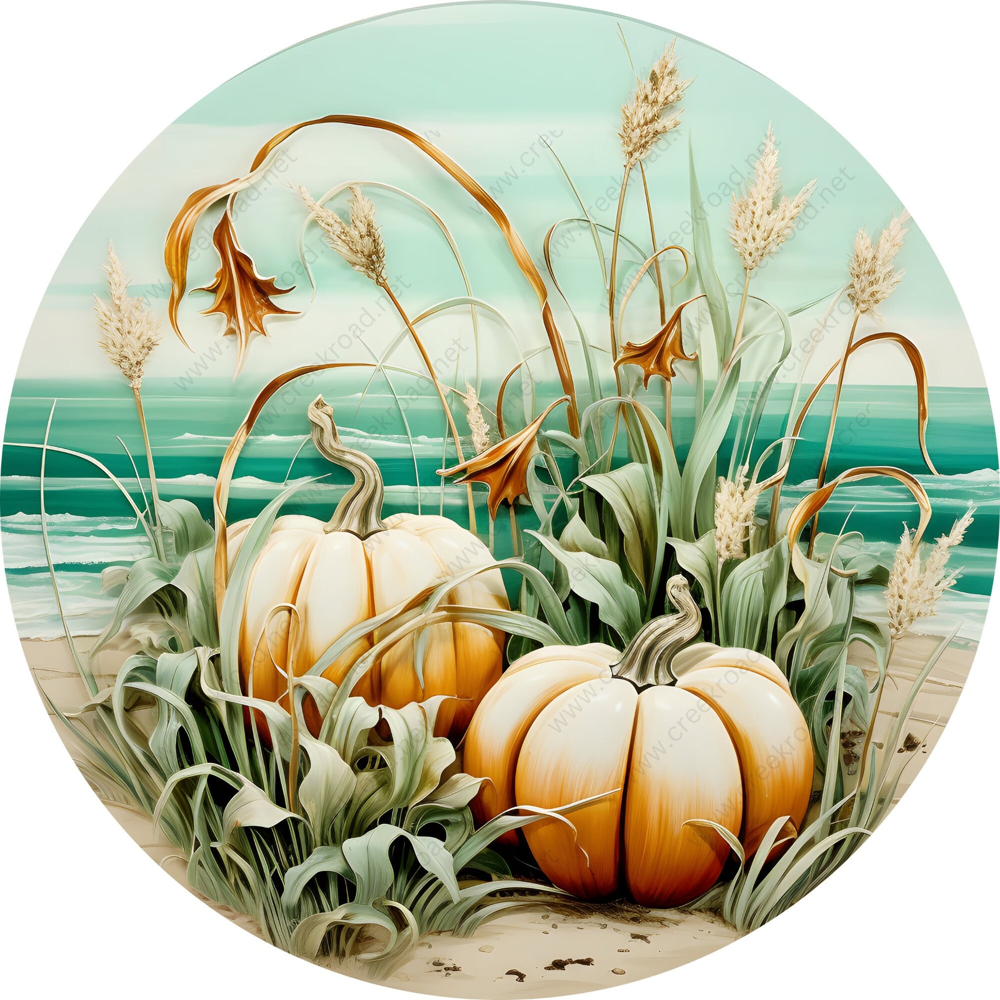 Beach Fall Pumpkins in the Sand Wreath Sign-Sublimation-Round-Fall-Autumn-Winter-Decor