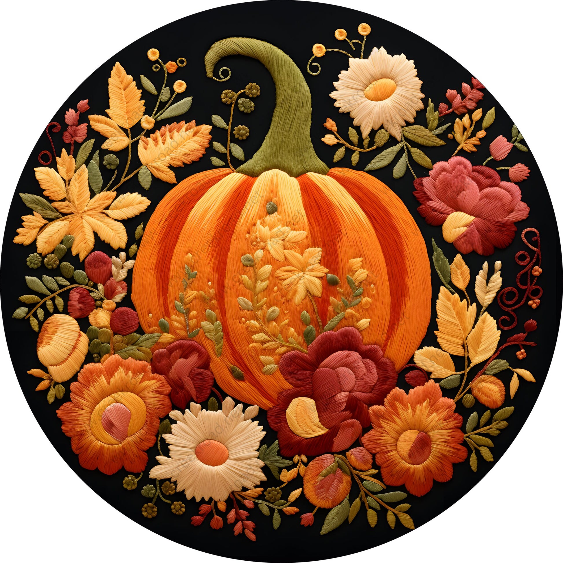 Fall Pumpkin Faux Embroidery Wreath Sign-Sublimation-Round-Fall-Autumn-Winter-Decor