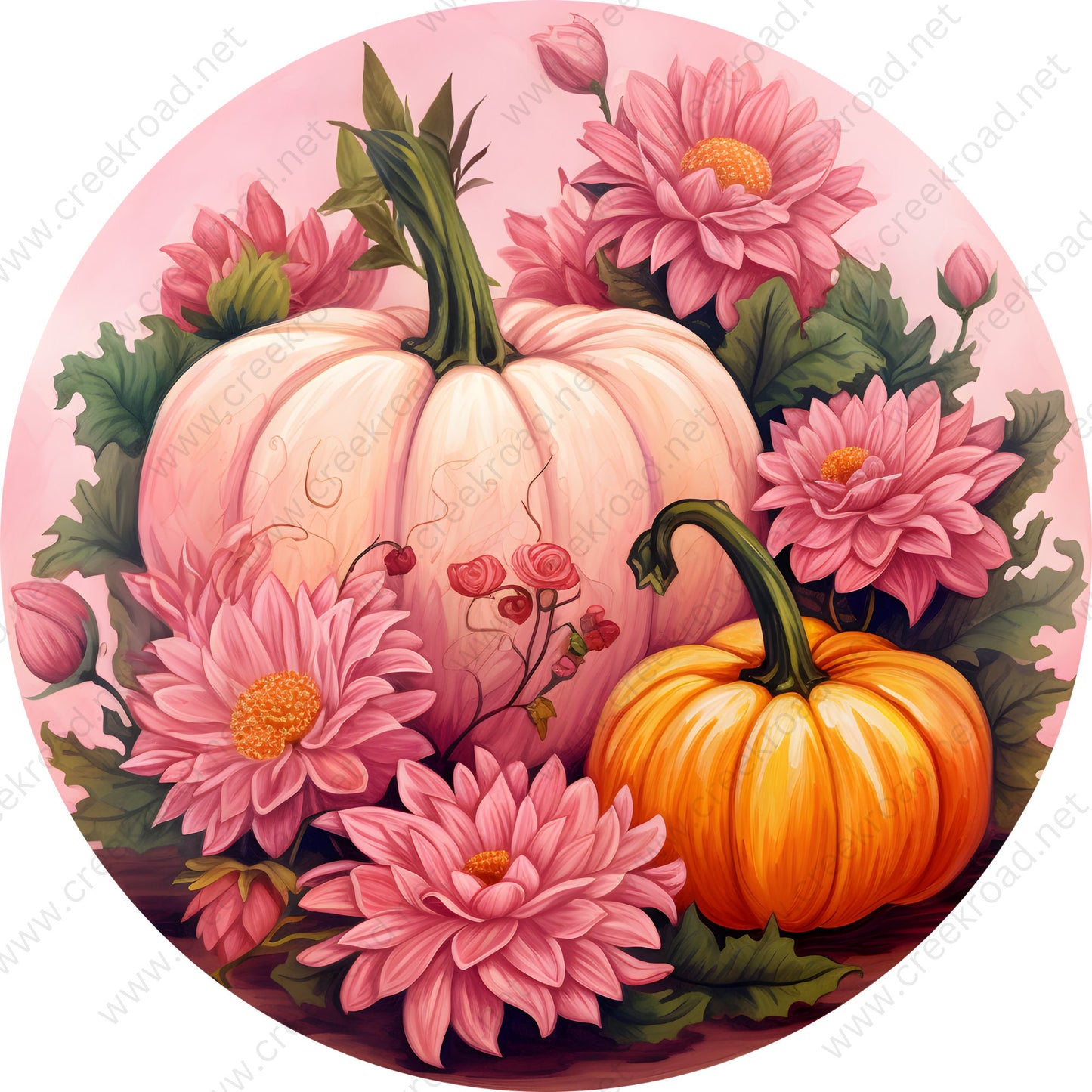 Fall Pumpkin Pink Florals Wreath Sign-Sublimation-Round-Fall-Autumn-Winter-Decor