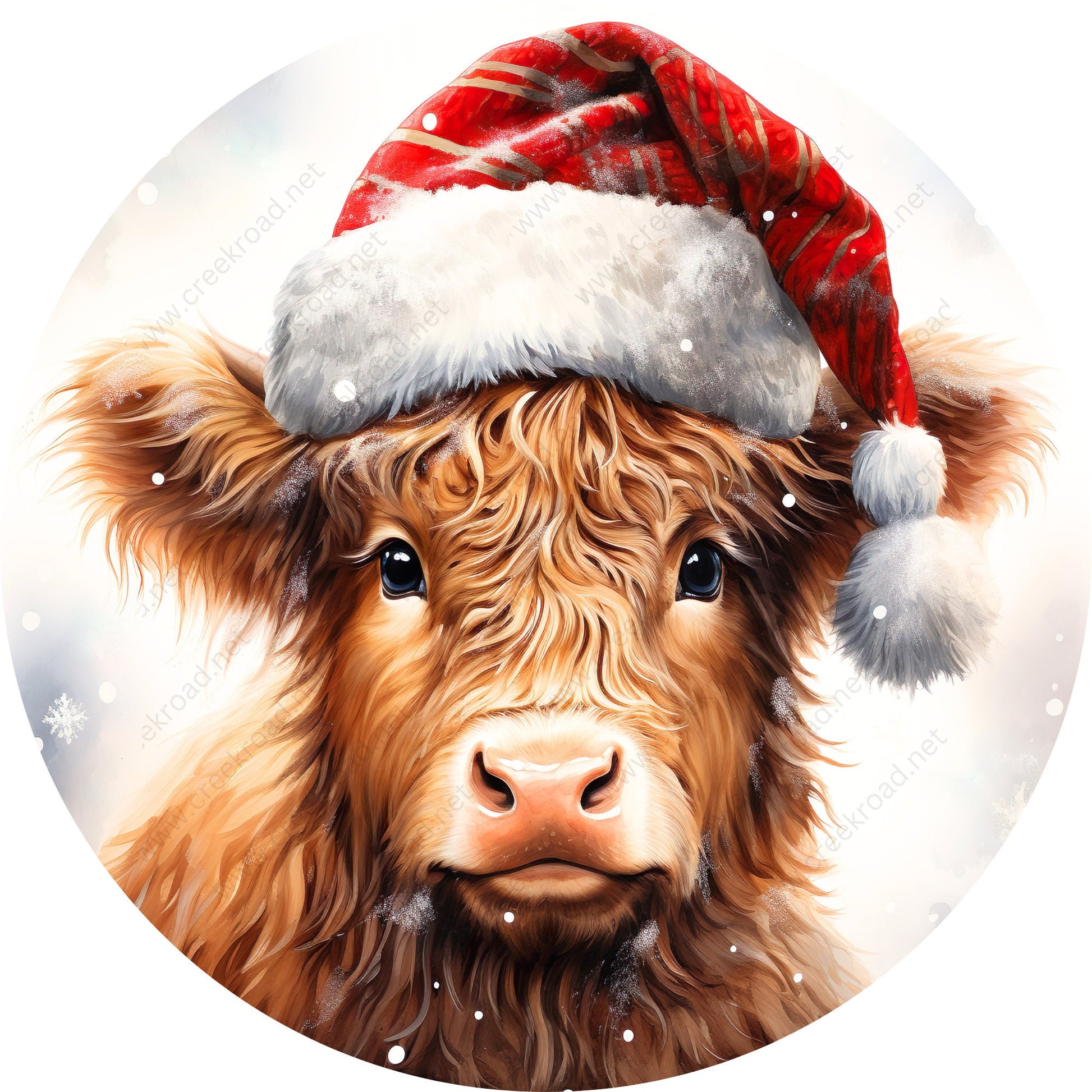 Christmas Highland Cow with Santa Hat Wreath Sign-Sublimation-Round-Christmas-Winter-Decor-Pets