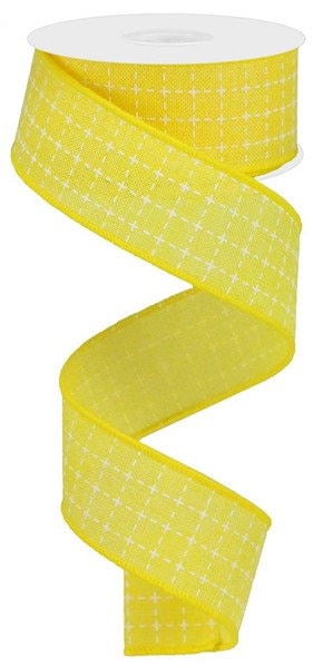 1.5" X 10Yd Wired Ribbon-Yellow White Raised Stitched Squares/Royal-RG0167729-Wreaths-Crafts-Decor-Everyday