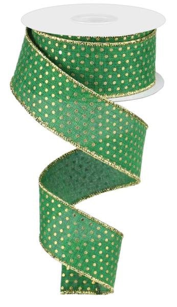 1.5" X 10Yd Wired Ribbon-Emerald Green Gold Royal Swiss Dots-RG0190706-Wreaths-Crafts-Decor-Everyday