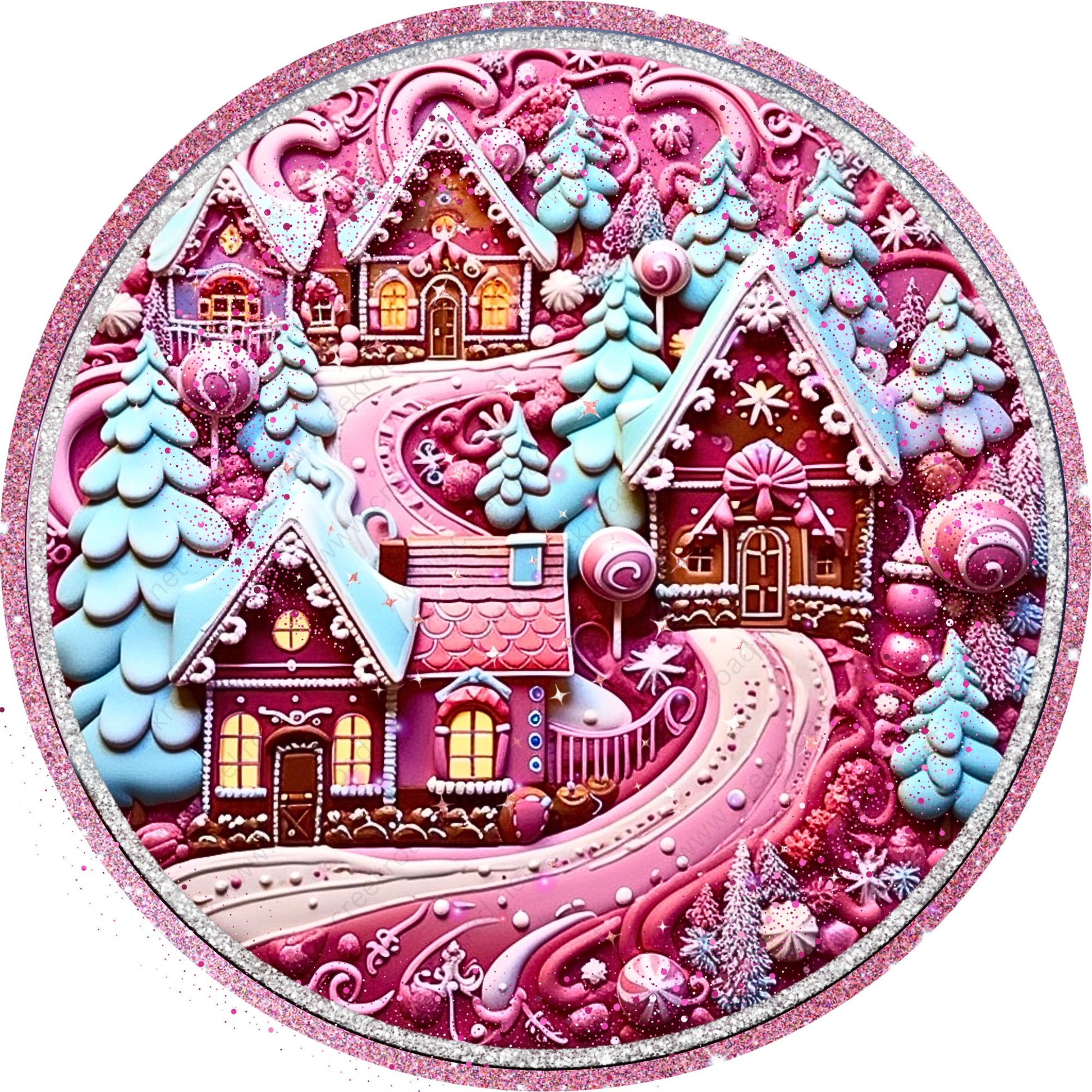 Pink Gingerbread Village with Pink Glitter Border Wreath Sign-Sublimation-Round-Chistmas-Winter-Decor