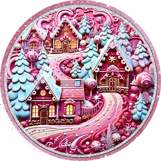 Pink Gingerbread Village with Pink Glitter Border Wreath Sign-Sublimation-Round-Chistmas-Winter-Decor