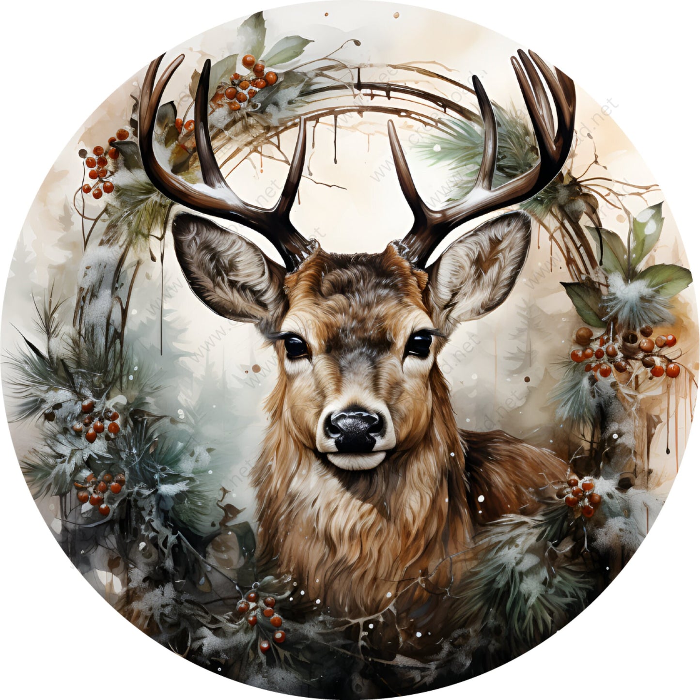 Christmas Deer Buck in Holly Wreath Sign-Sublimation-Round-Chistmas-Winter-Decor