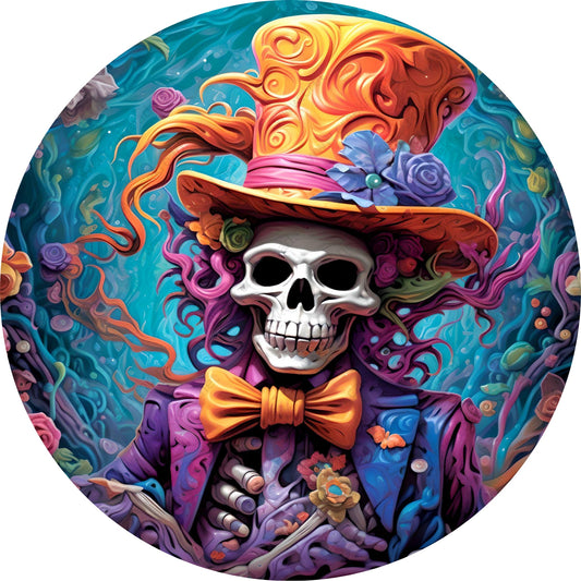 Psychedelic Orange Purple Skeleton in Top Hat Wreath Sign-Halloween-Sublimation-Decor-Creek Road Designs