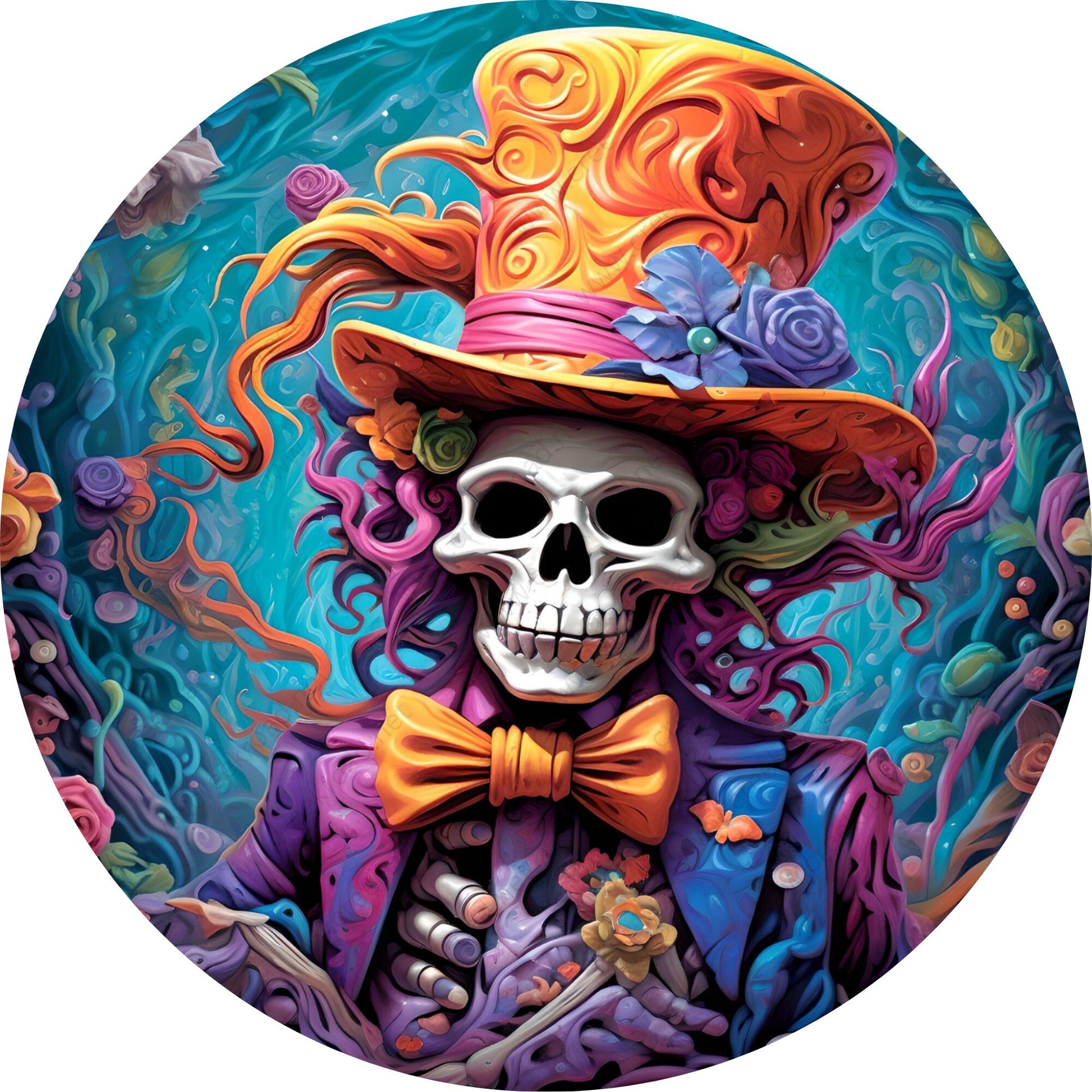 Psychedelic Orange Purple Skeleton in Top Hat Wreath Sign-Halloween-Sublimation-Decor-Creek Road Designs