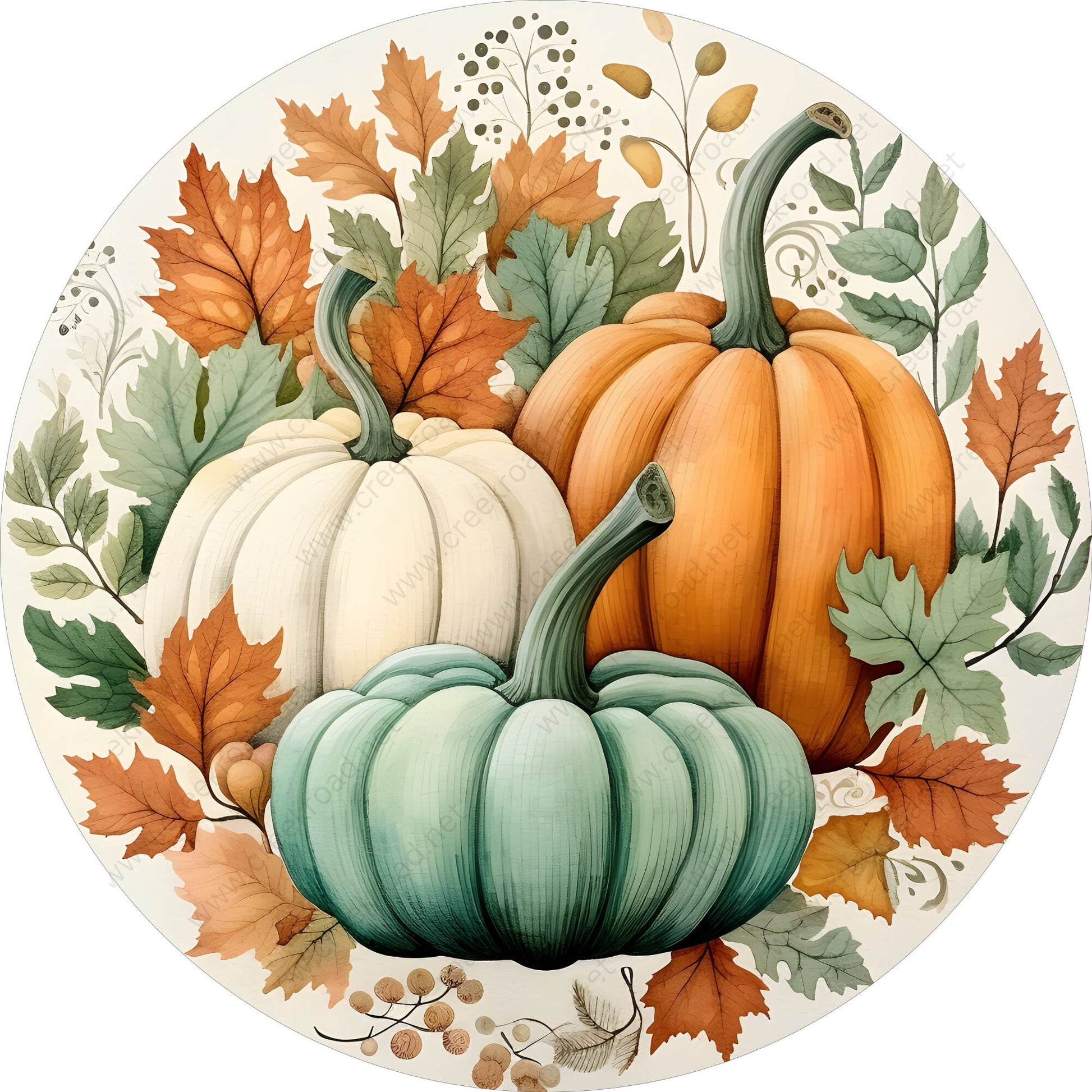 Sage White Orange Pumpkins with Fall Leaves Sign-Fall-Sublimation-Attachment-Round-Creek Road Designs