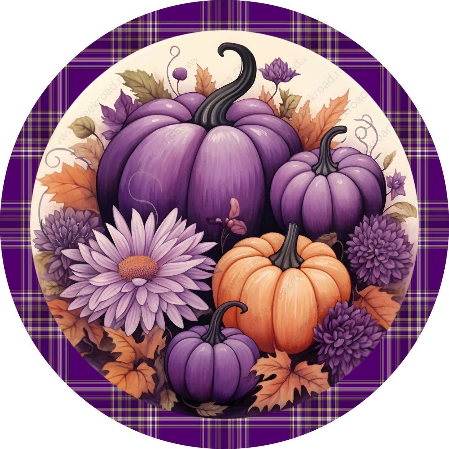 Purple Orange Pumpkin with Plaid Border Wreath Sign-Fall-Sublimation-Attachment-Round-Creek Road Designs