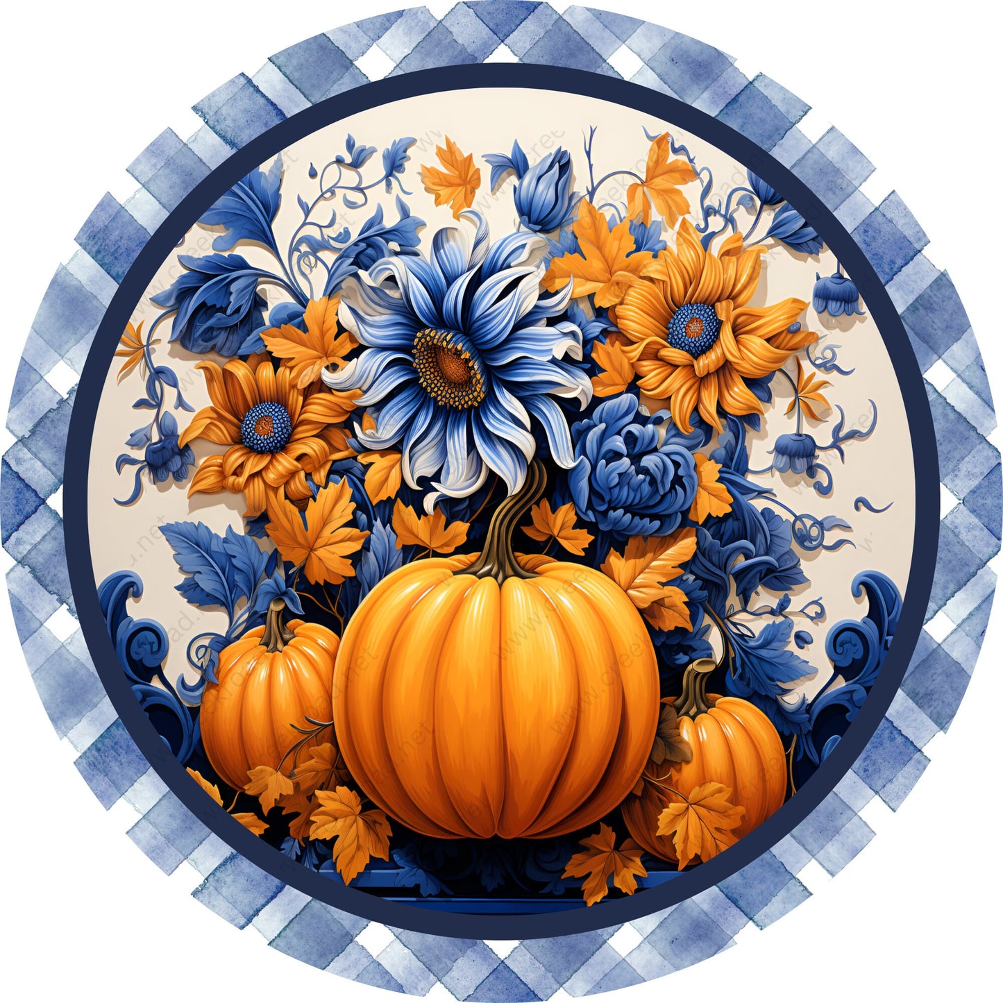 Orange Blue Flowers Pumpkins with Blue Pattern Border-Wreath Sign-Fall-Sublimation-Attachment-Round-Creek Road Designs