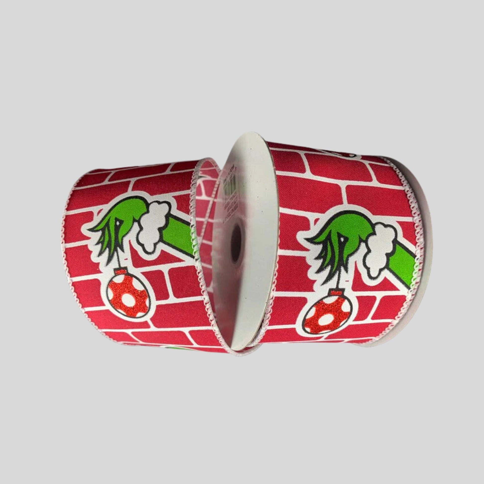 2.5" X 10Yd Wired Ribbon-Green Monster Hand With Ornament Red Brick-72312-40-13-Grn/Red/Wht-Christmas