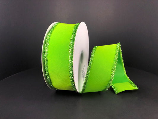 1.5" X 10Yd Wired Ribbon-Lime Velvet Green Tinsel-71120-09-29-Christmas