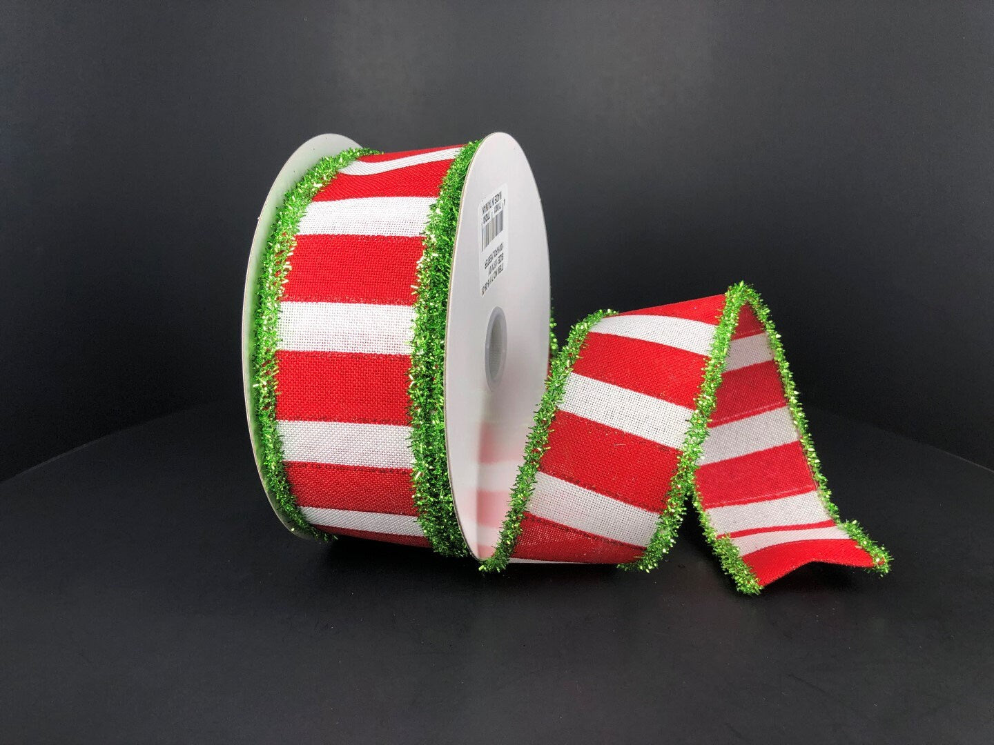 1.5" X 10Yd Wired Ribbon-Red White Stripe Green Tinsel -71116-09-29-Christmas