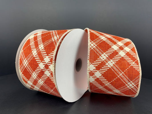 2.5" X 10Yd Wired Ribbon-Orange White Line Hazel Diagonal Plaid-61316-40-19-Fall