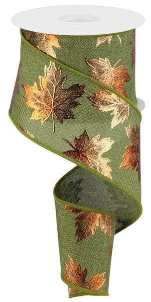 2.5" X 10Yd Wired Ribbon-Foil Maple Leaf On Royal-RGC1834EW-Fall