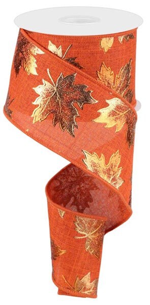 2.5" X 10Yd Wired Ribbon-Rust Foil Maple Leaf On Royal-RGC183474-Fall