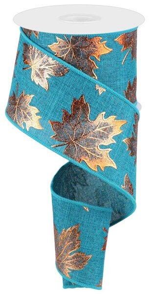 2.5" X 10Yd Wired Ribbon-Teal Foil Maple Leaf On Royal-RGC1834TE-Fall