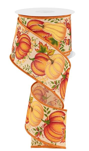 2.5" X 10Yd Wired Ribbon-Tan Yellow Pumpkin/Gourd/Leaves-RGE1987JA-Fall