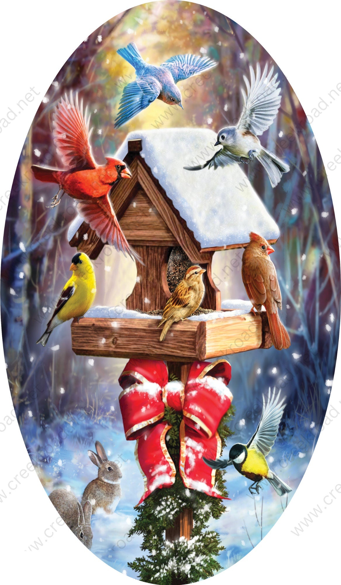 Snowy Birdfeeder in the Forest Wreath Sign 7"x12" Oval-Holiday-Sublimation-Attachment-Decor