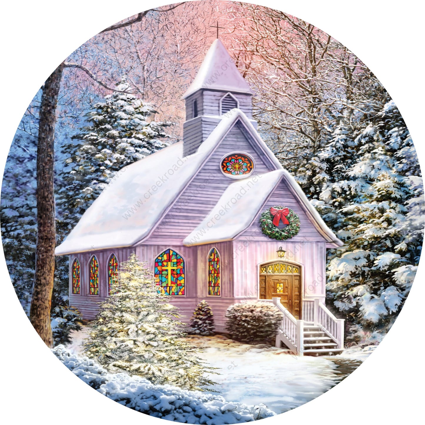 Christmas Chapel in Snow Forest Wreath Sign-Holiday-Sublimation-Attachment-Decor