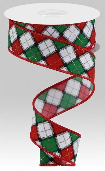 1.5" X 10Yd Wired Ribbon-Printed/Glitter Check/Diagonal-RGC196327-Christmas