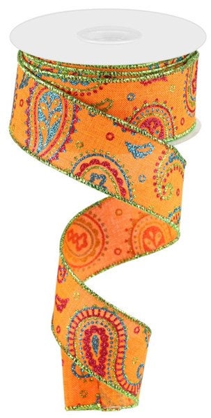 1.5" X 10Yd Wired Ribbon-Orange Lime Paisley On Royal-RGC137520-Fall-Halloween