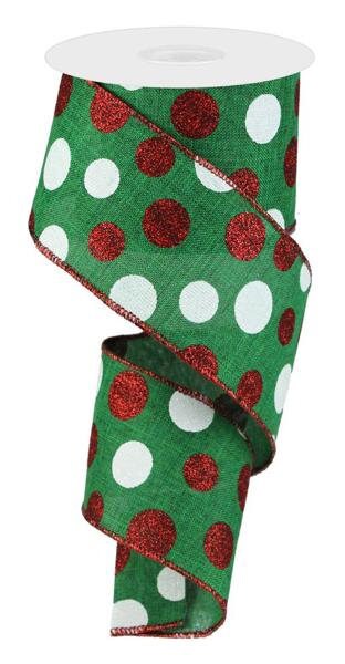 2.5" X 10Yd Wired Ribbon-Green Red White Three Sized Glitter Dot/Royal-RG0178406-Christmas