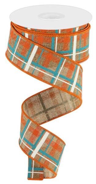 1.5" X 10Yd Wired Ribbon-Orange Turquoise Printed Plaid/Royal-RGC1540F2-Fall