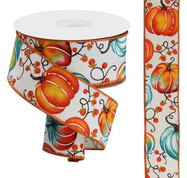 1.5" X 10Yd Wired Ribbon-Pumpkins W/Bittersweet/Diag-RGE1268A6-Fall