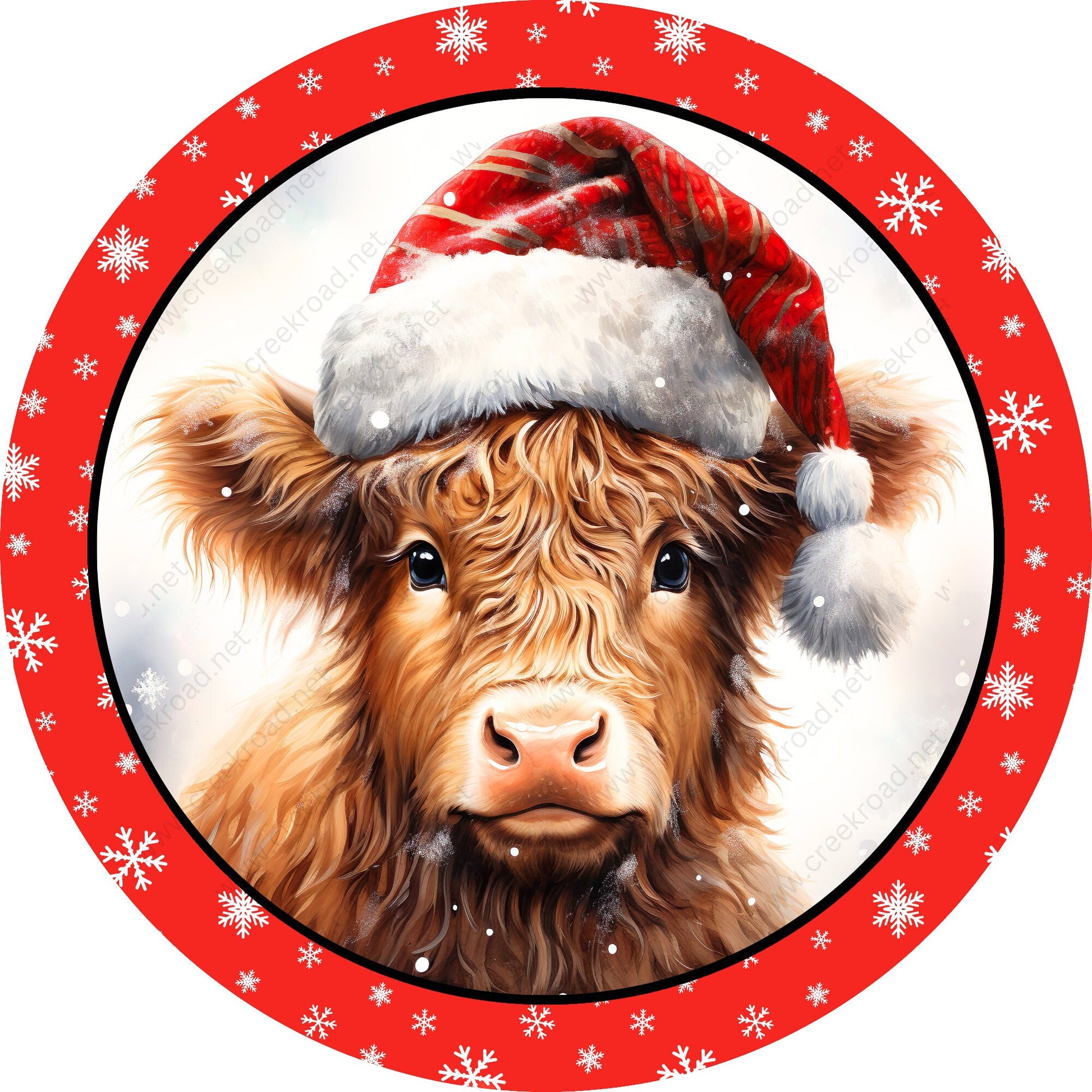 Christmas Highland Cow in Santa Hat Snowflake Border Wreath Sign-Sublimation-Round-Christmas-Winter-Decor