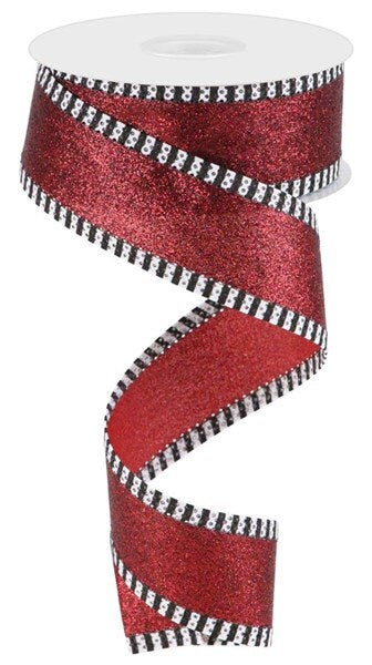 1.5" X 10Yd Wired Ribbon-Cranberry Black White Shimmer Glitter/Stripe-RGA8187Y6-Wreaths-Crafts-Decor-Everyday