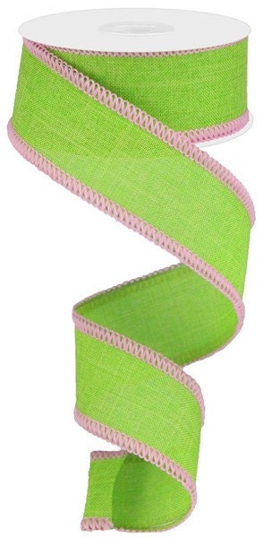 1.5" X 10Yd Wired Ribbon-Lime Lt Pink Royal Burlap W/Stitch Edge-RG011083R-Wreaths-Crafts-Decor-Everyday