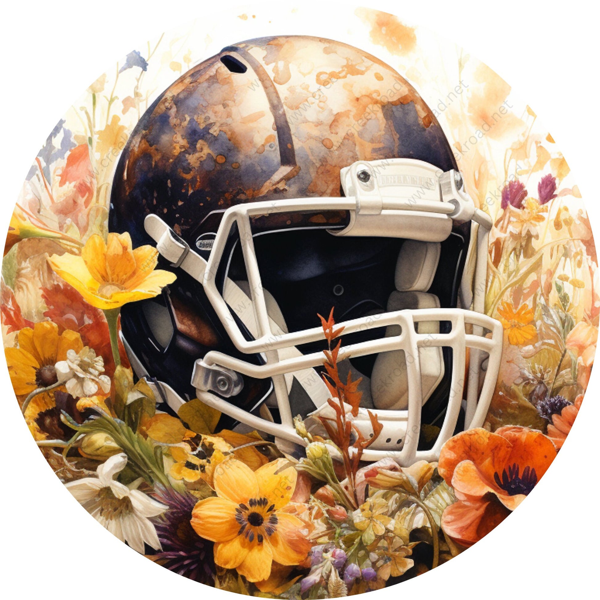 flower football helmet Fall Football Helmet Watercolor Wreath Sign-Fall-Sublimation-Attachment-Round-Creek Road Designs