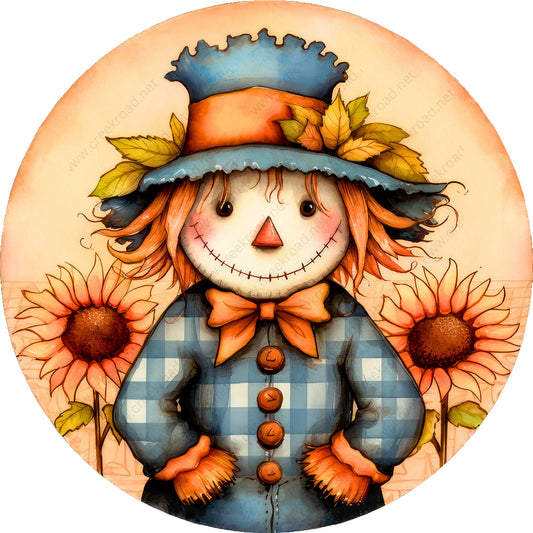 Little Boy Scarecrow Blue Check Shirt Sunflowers Wreath Sign-Fall-Sublimation-Attachment-Round-Creek Road Designs