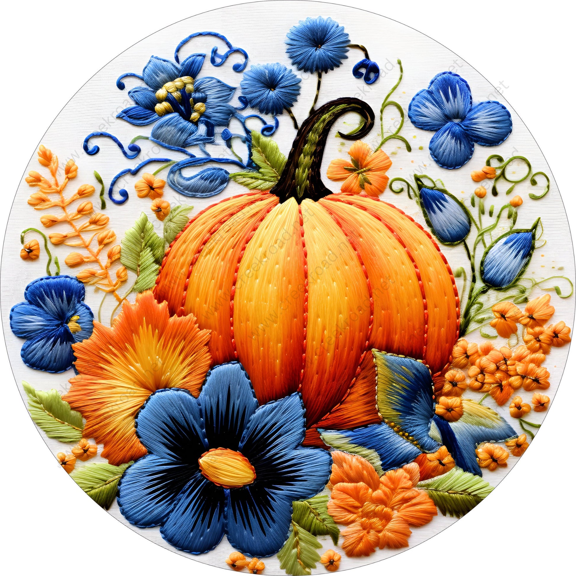 Embroidery Pumpkin Blue Flowers Wreath Sign-Fall-Sublimation-Attachment-Round-Creek Road Designs