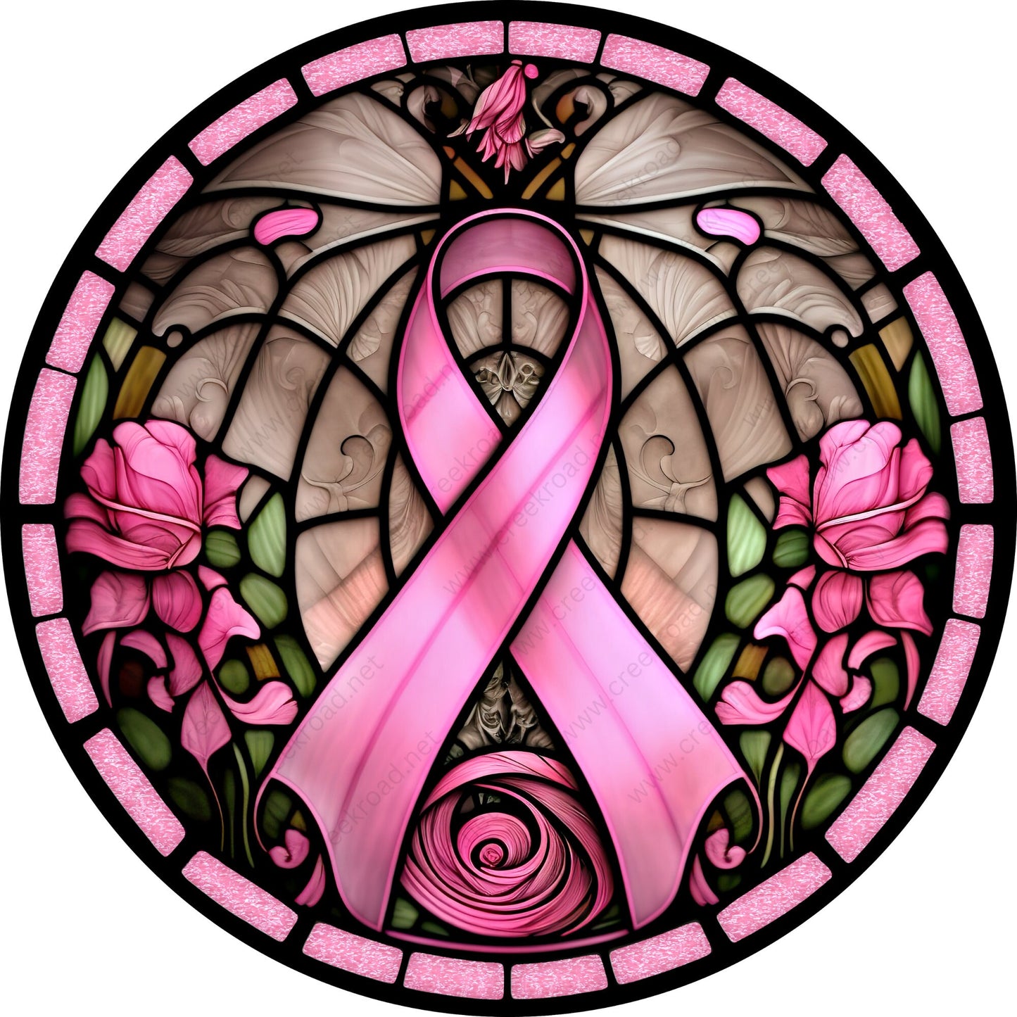 Breast Cancer Faux Stained Glass Wreath Sign-Sublimation-Awareness-Pink-Round