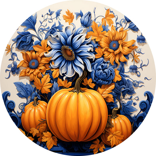 Orange Blue Flowers Pumpkins-Wreath Sign-Fall-Sublimation-Attachment-Round-Creek Road Designs