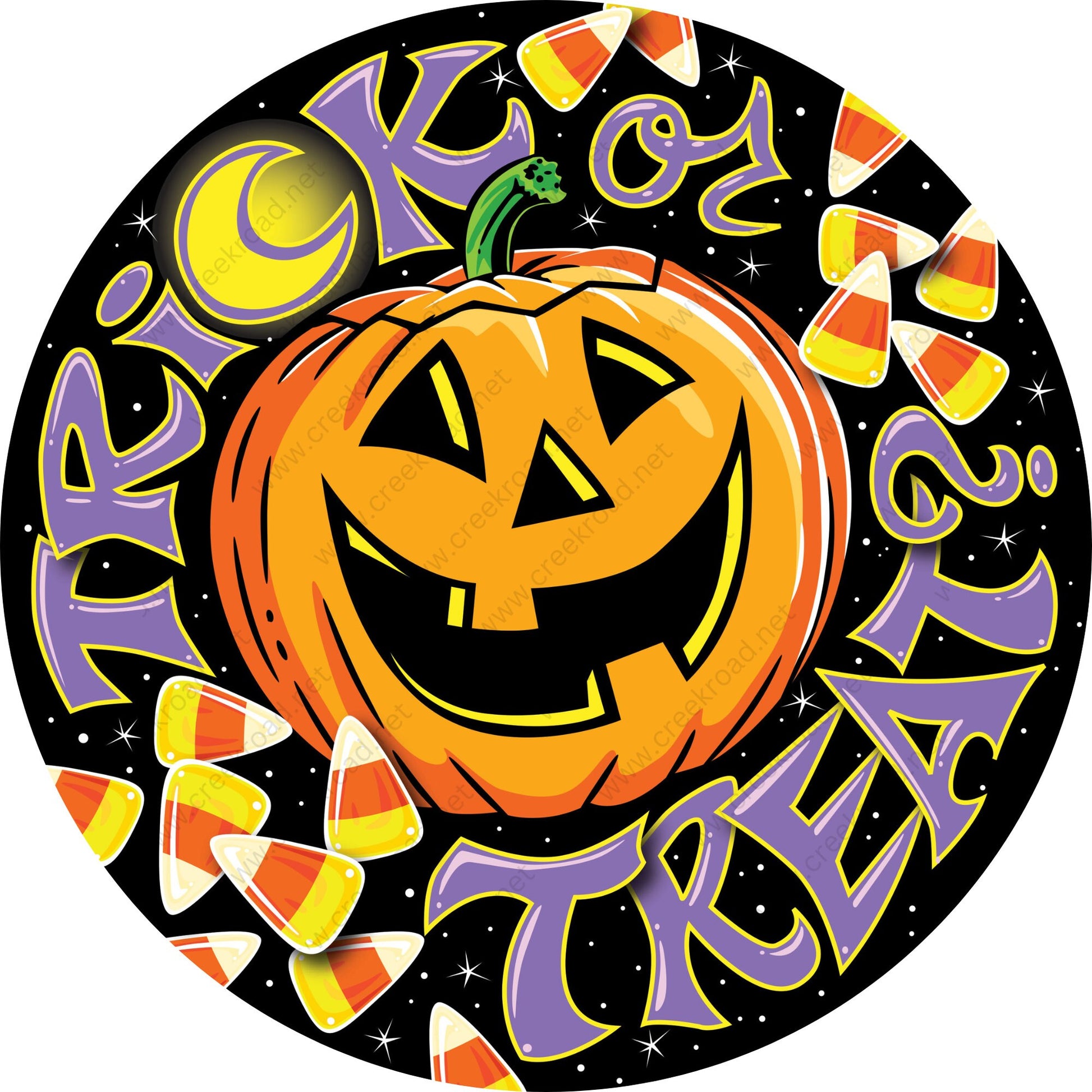 Trick or Treat Jack-o-lantern Candy Corn Wreath Sign-Halloween-Sublimation-Decor-Creek Road Designs-